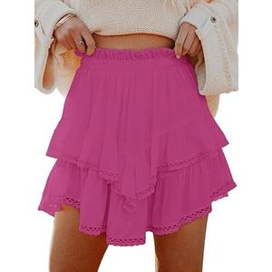 MIFOCAL Flowy Shorts for Women Casual Boho Ruffle Tiered Skorts High Waist Mini Skirts Golf Tennis Crochet Shorts (Small, Pink)