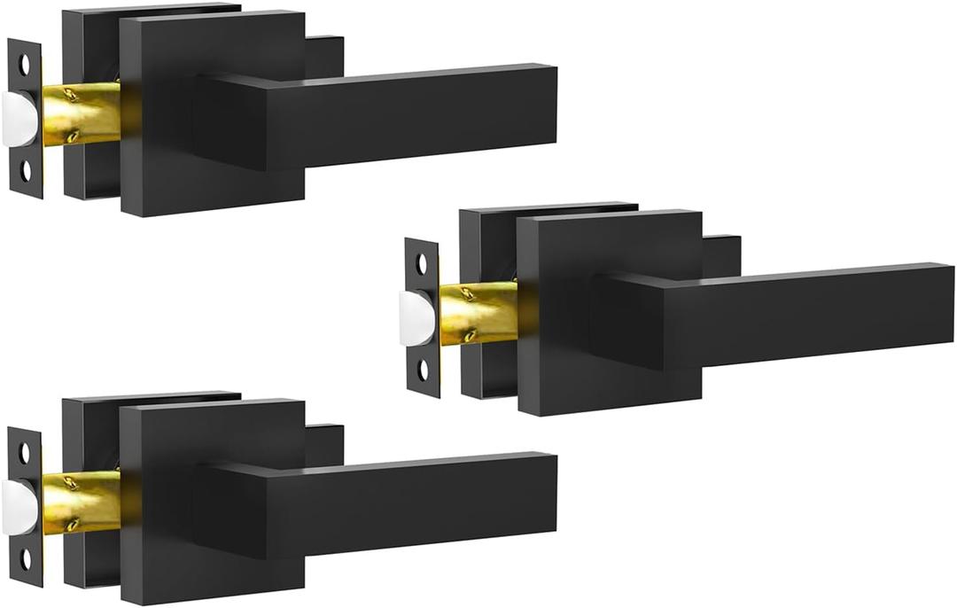 Passage Door Lever, 3 Pack Matte Black Interior Door Handles for Hallway and Closet, Heavy Duty Square Interior Keyless Door Handles Non-Locking Door Knobs for Right & Left Side Door