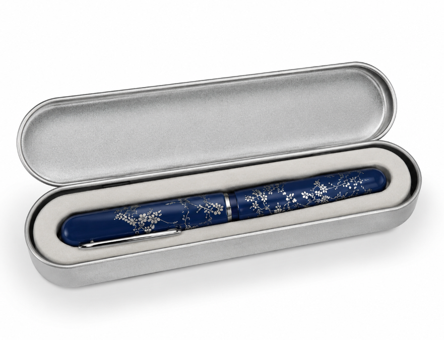 Silver Pen Case With Blue Floral Pen