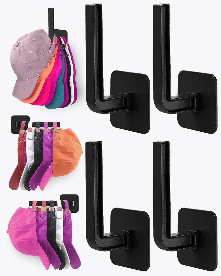 Hat Rack for Hat Storage (4-Pack), Multi-Purpose Hat Organizer, Strong Adhesive Hat Hooks for Wall Organizer for Baseball Caps, Two Mounting Options Hook, Black