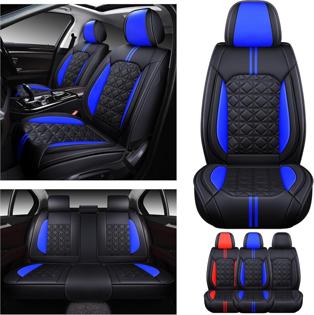 OASIS AUTO Car Seat Covers Premium Waterproof Faux Leather Cushion Universal Accessories Fit SUV Truck Sedan Automotive Vehicle Auto Interior Protector Full Set (Black&Blue)