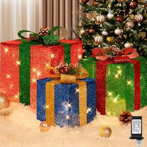 Brightever Set of 3 Christmas Lighted Gift Boxes for Christmas Porch Decor - 10" 8" 6", Plug-in Xmas Present Box in 3 Colors with 70 LED Mini String Lights, Vintage Ornaments Set for Tree Fireplace