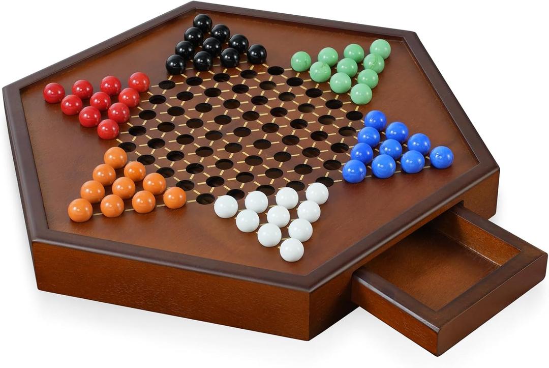 15" Large Upgraded Wooden Chinese Checkers Game Board  Premium 16mm Glass Marbles (60 + 12 Extras), Easy Grip, Storage Drawer, Ideal Multi-Player Puzzle Game for 2-6 Players