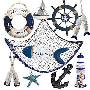 10 PCS Wood Coastal Wall Hanging Ornament Decoration, Nautical Mediterranean Style Beach Wooden Lighthouse, Anchor, Boat, Rudder, Oar, Life Ring, Ship, Starfish, Fishing Nets, Steering Wheel Sailing Home Decor