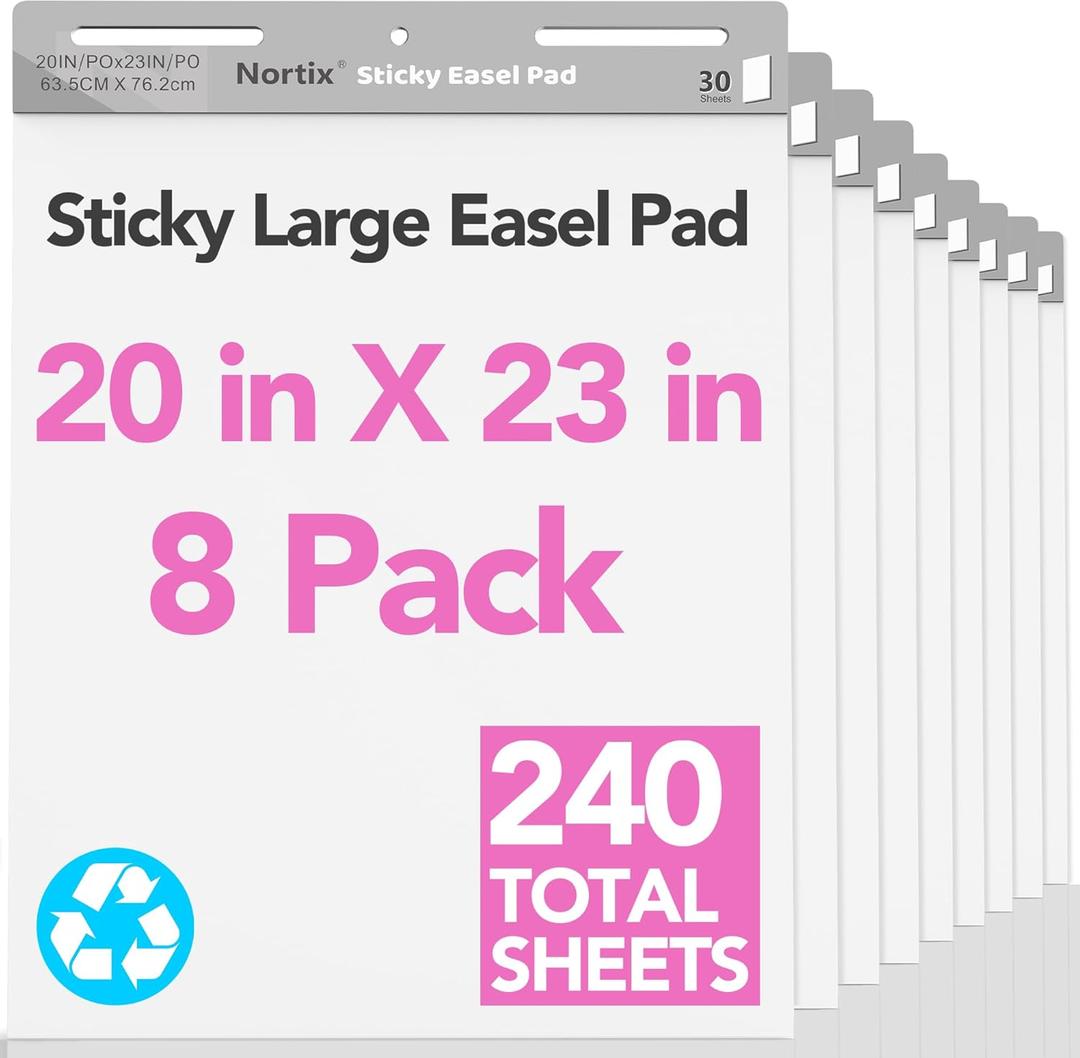 Nortix Easel Pad, Self-Stick Easel Pads, Anchor Chart Paper for Teachers, Strong Adhesive & Bleed-Resistant, 20''x23'' Sticky Notes Chart Paper, 30 Sheets/Pad, 8 Pads