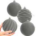 Artmag 4 PCS Large Velvet Christmas Balls Ornaments Shatterproof Hanging Set Flocked for Xmas Tree Holiday Party Decorations (Grey,4 Inch)