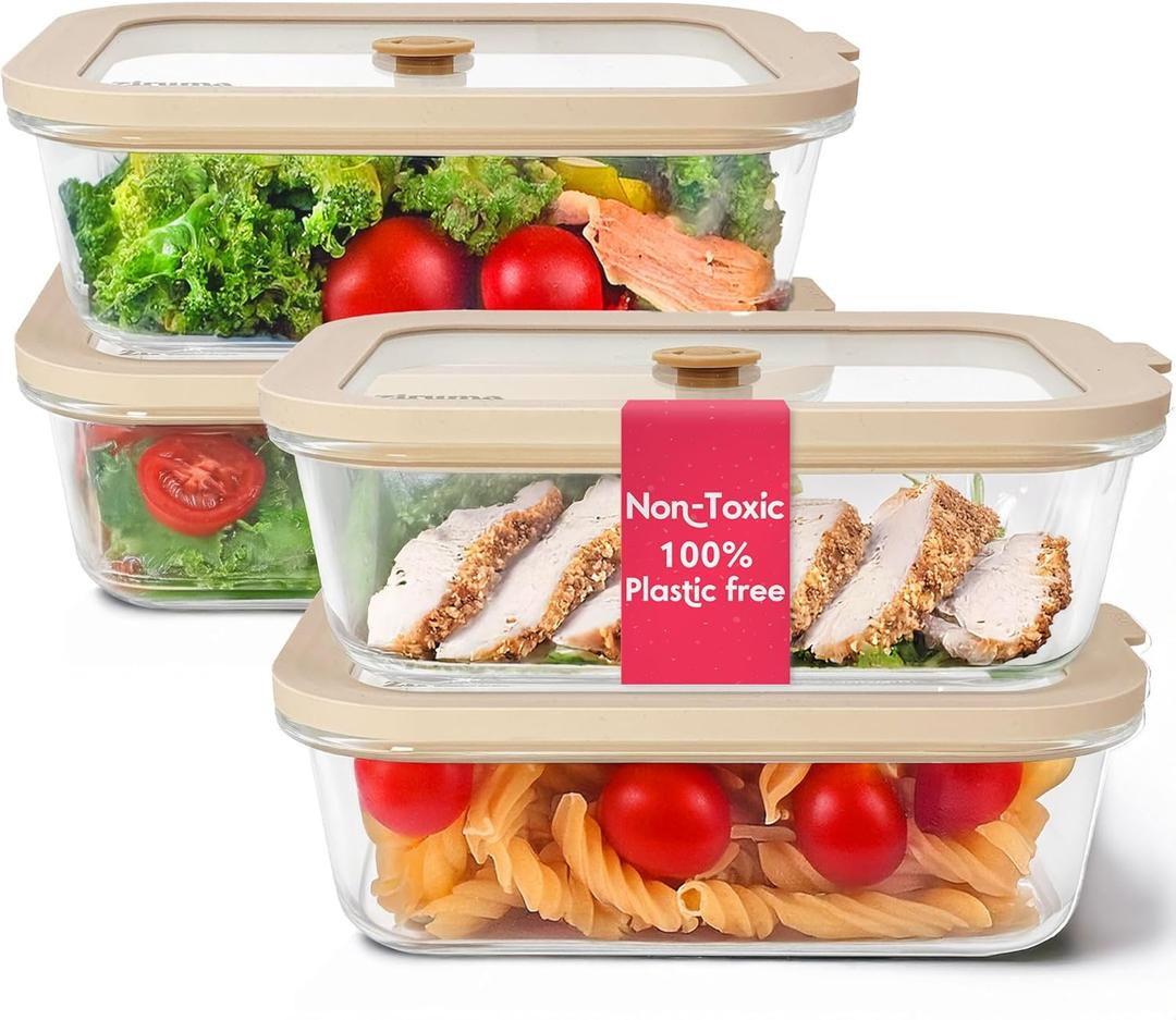 Non-Toxic 35 Oz (4.4 Cup) Glass Storage Containers with Lids Plastic Free Meal Prep Containers for Lunch, Airtight Food Storage, Microwave and Freezer Safe, 4 Pack - Ziruma
