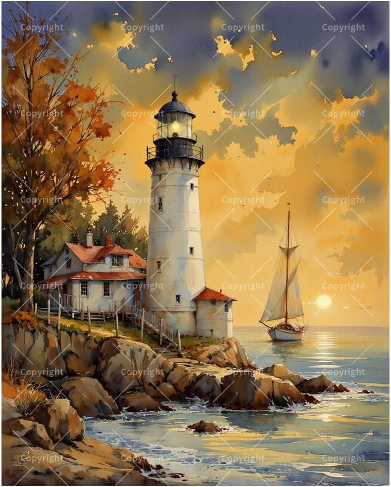 Sunset Sailing Paint by Numbers Kit for Adults - DIY Lighthouse and Sailboat Painting on Canvas, Acrylic Paint Set, Suitable for Beginners, Art for Home Decoration or Gifts(8X12IN Framed)