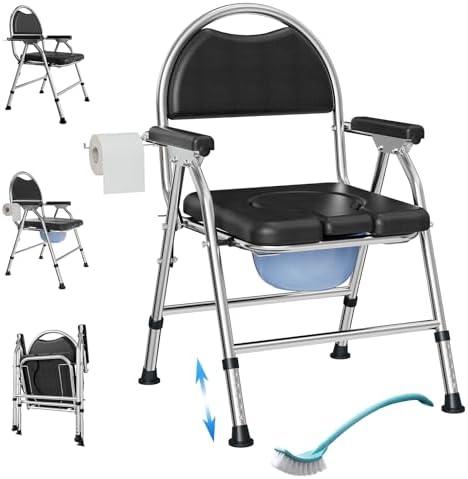 Folding Bedside Commode Chair for Elderly with Adjustable Height, Toilet Seat with Arms Handles and Back Support, Adults Potty Chair with Paper Roll Holder for Seniors, Disabled, and Pregnant (Black)