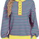 Caracilia Women's Oversized Sweatshirts Long Sleeve Henley Button Down Pullover Hoodies Tunic Tops 2025 Trendy Fall Clothes Striped Pink XXL (XXL)