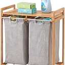 mDesign Freestanding Bamboo 2 Section Double Laundry Organizer Hamper with Removable Storage Sorter Bags, Space-Saving Basket Duo with Handles for Clothes/Linens - Echo Collection - Natural/Tan