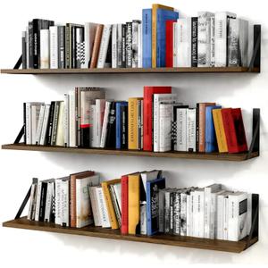 Forbena Floating Book Shelves for Wall Set of 3, 36 Inches Long Wall Bookshelf for Bedroom, Large Wood Heavy Duty Hanging Bookshelves for Books, Living Room Decor, Closet Storage (Rustic Brown)