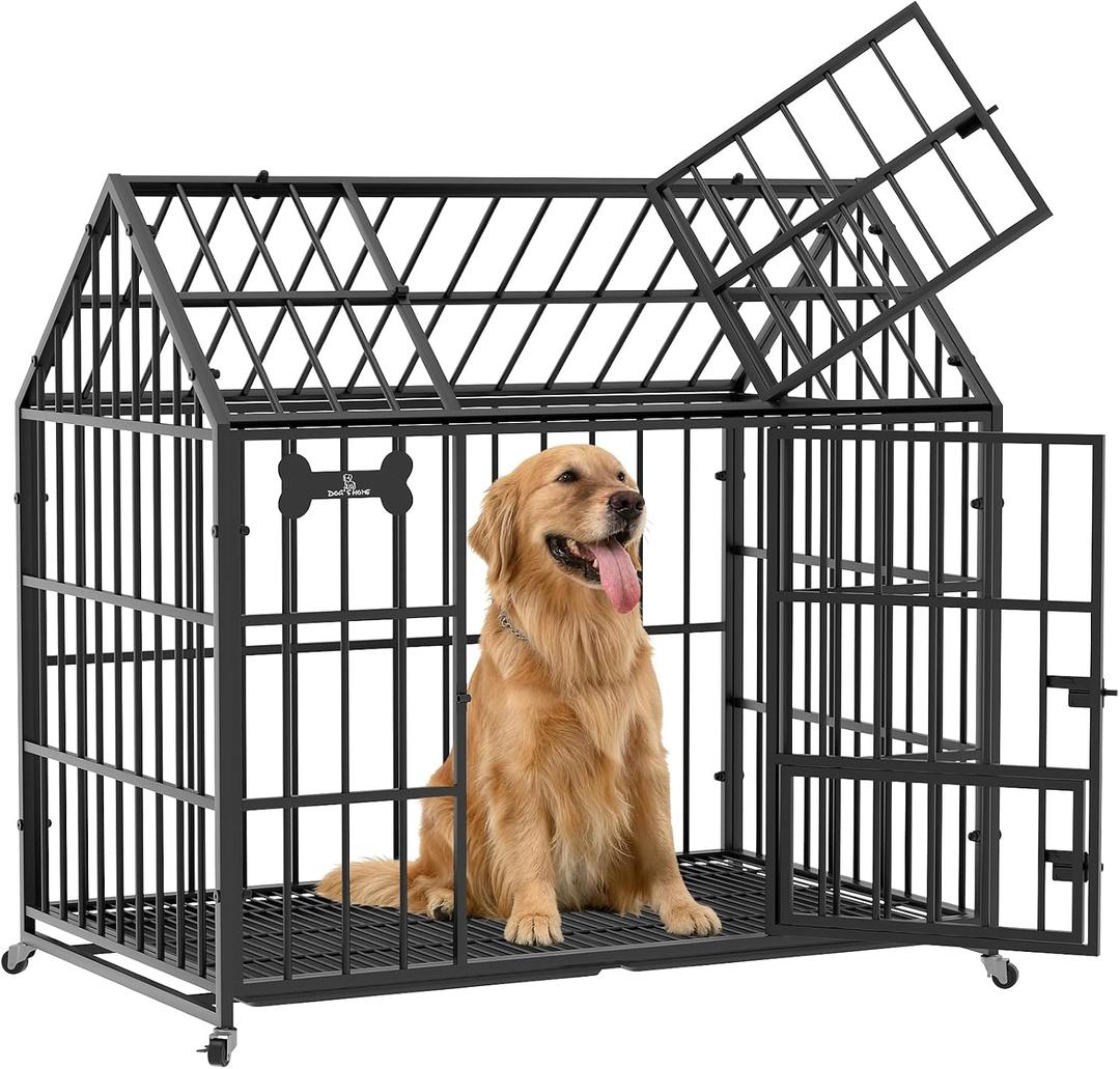 Dosker Heavy Duty Dog Crate 42 Inch,XL Large/Medium Pet Dog Cage Kennel Indoor,Steel Escape Proof Cage with Roof Top 2 Doors Removable Trays,Lockable Wheels