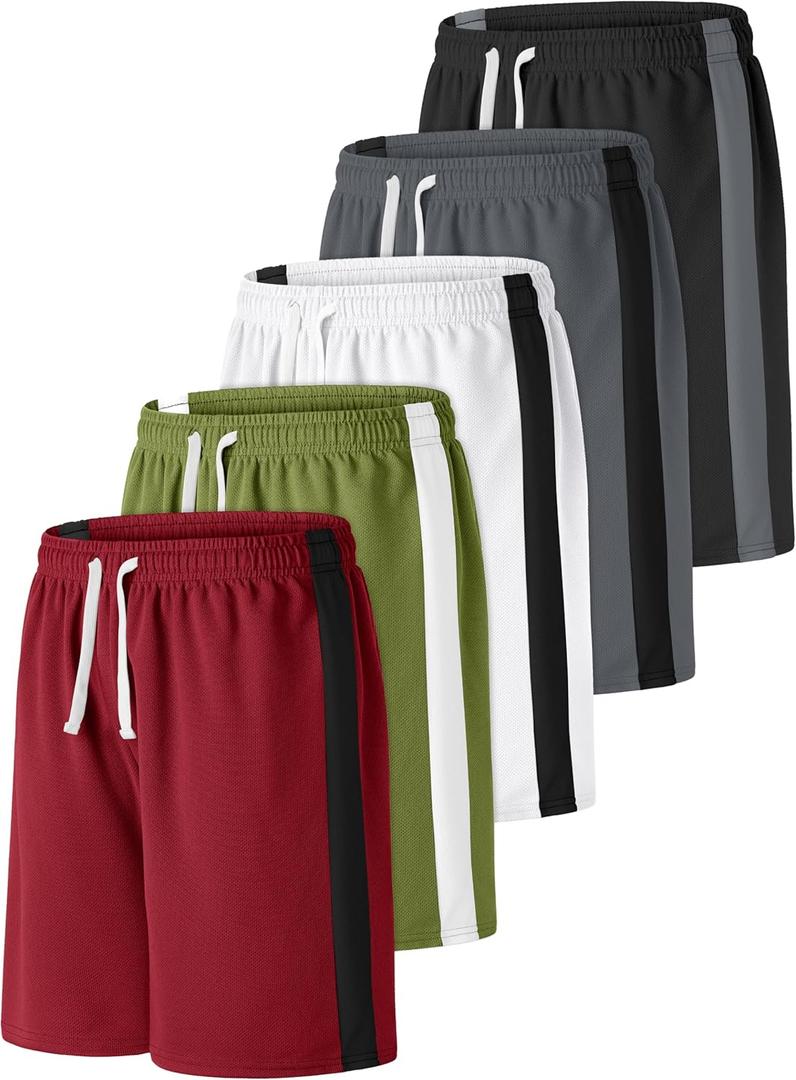 Resinta 5 Pack Boys Shorts Boys Basketball Athletic Shorts Kids Active Gym Soccer Sports Shorts Mesh Quick Dry Elastic Waist (8-10 Years, Black, Gray, White, Burgundy, Dark Olive)