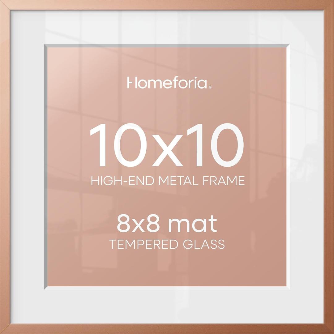 10x10 Picture Frame Rose Gold, High End Metal 10 by 10 Square Frames with Mat 8 x 8 Photo, 10by10 Poster Frame Matted to 8x8 Print, Wall or Tabletop Frame, Tempered Glass, Wall Kit, Set of 1