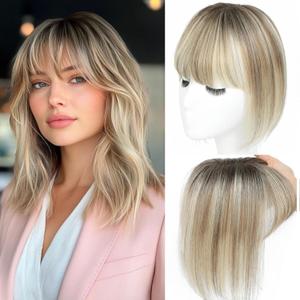 Human Hair Toppers for Women with Fringe 10 Inch Real HairPieces-3603D Bangs for Thinning Hair Topper Swiss Base Ombre Light Brown with Blond Highlight2T613