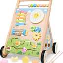 Wooden Baby Walker with Wheels, Montessori Baby Push Walker for Babies 6-12 Months, Baby Activity Center Walking Toy for 1 Year Old Learning to Walk Toddler Girls Boys