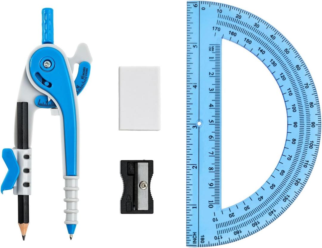 3 x Unjoo Compass for Geometry Set, 6 Inch Protractor, Clear Plastic (Blue)