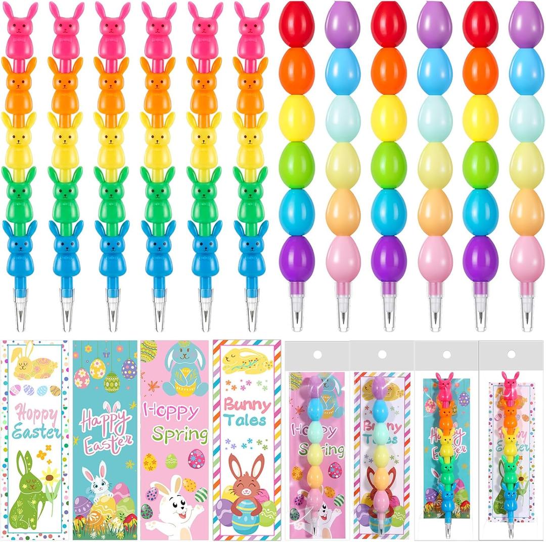 MotiMind 24 Pieces Easter Party Favors Stackable Pencils for Kid, 12 Bunny Egg Stacking Pencils with 12 Card Rabbit Pencil for Easter Basket Goodie Bag Stuffers Egg Hunt School Student Reward Gift
