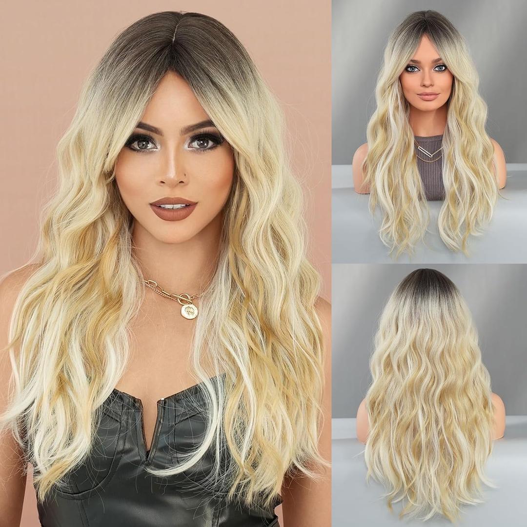 PARK YUN Long Wavy Ombre Blonde Wigs with Bangs for Women 26 Inch Dirty Blonde Highlight Curtain Bangs Wig with Dark Root Natural Looking Blonde Hair Synthetic Heat Resistant Wigs