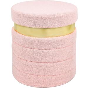 Round Ottoman with Storage, Foldable Vanity Stool with Soft Padded, Boucle Foot Stool for Dorm Room, Living Room and Bedroom, Pink, 15.7" x 17"H