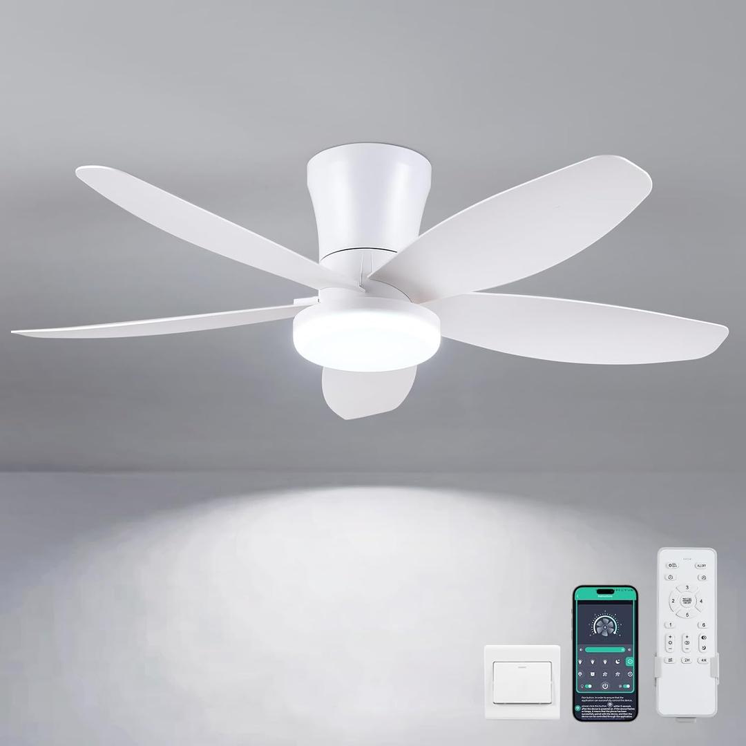 Ceiling Fans with Lights-36 Low Profile Ceiling Fan with Light and Remote/APP Control,Flush Mount,DC Reversible,LED Dimmable Modern Ceiling Fans for Bedroom,Indoor/Outdoor Patio Use(White)
