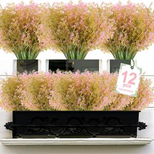 Artificial Plants, 12 Bundles Outdoor Fake Plants Spring Summer UV Resistant Faux Greenery Shrubs Indoor Outside Porch Garden Patio Window Box Decor (Pink)