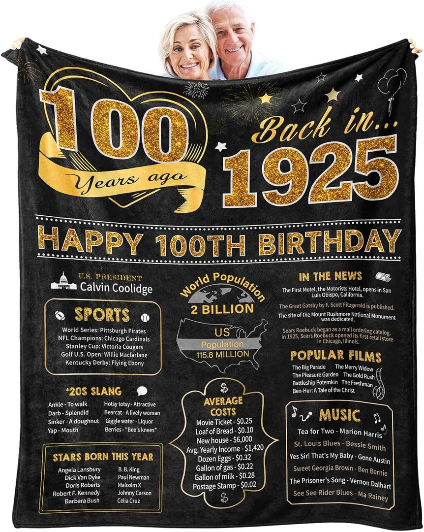 Birthday Gifts for 100 Year Old Woman, 100th Birthday Gifts for Women Men, 100th Birthday Gift Ideas Throw Blanket 60x50 Inch, Happy 100th Birthday Decorations for Women Men, 1925 Birthday Gifts