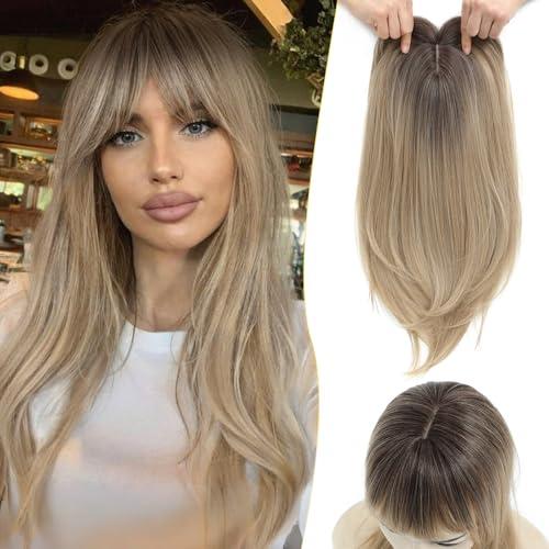 PANEWAY Hair Topper With Bangs 18inch Toppers With 6.5“ ×6.5” Large Base Long Straight Layered Premium Synthetic Hair Pieces For Women-Ombre Blonde With Dark Root