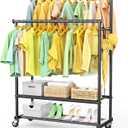 Double Rods Clothes Rack for Hanging Clothes, Heavy Duty Rolling Clothing Rack with Wheels, Freestanding Garment Racks with Oxford Bottom Shelf and Mesh Bottom Shelf for Bedroom Laundry Living Room