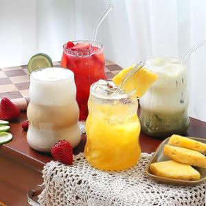 4 Pcs Ribbed Glass Cups, Vintage Drinking Glassware with Glass Straw 18 Oz Bubble Iced Coffee Cup for Juice, Tea, Beverage, Milk, Beer, Cocktails Ideal for Gift