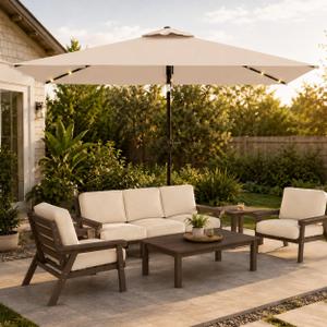 6.5 x 10ft Rectangular Patio Umbrella with Solar Lights, 16 LED Lighted Market Umbrella with Push-Button Tilt and Crank, 6 Sturdy Iron Ribs for Garden, Deck, Pool, Beige