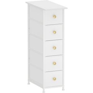 GiftGo Narrow Dresser Cabinet Vertical Slim Dresser Chest of Drawers Skinny Storage Tower for Small Spaces Gaps Closet Bedroom Bathroom Small Fabric Drawer Unit (White, 5 Drawers)