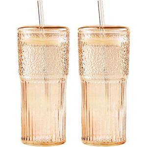 GOSCHE Glass Cups with Lids and Straws, 20oz Drinking Jar Glass Tumbler Iced Coffee Cups Set, Vintage Ripple Glassware Smoothie Cups for Water Coffee Tea, Amber, 2 Pcs