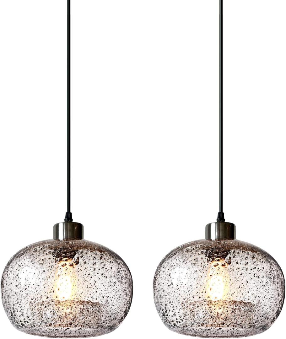 CASAMOTION Pendant Lights Kitchen Island,Clear Seeded Glass with Black Sand Powder,Modern Farmhouse Ceiling Hanging Light Fixtures,Dining Room Table Bedroom Oval Globe 8.7 Inch Diam 2 Pack