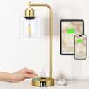 Innqoo Gold Table Lamp for Bedroom - Industrial Bedside Lamp with USB Port and Outlet, Fully Dimmable Nightstand Lamp with Clear Glass Shade, Small Desk Lamps for Home Office