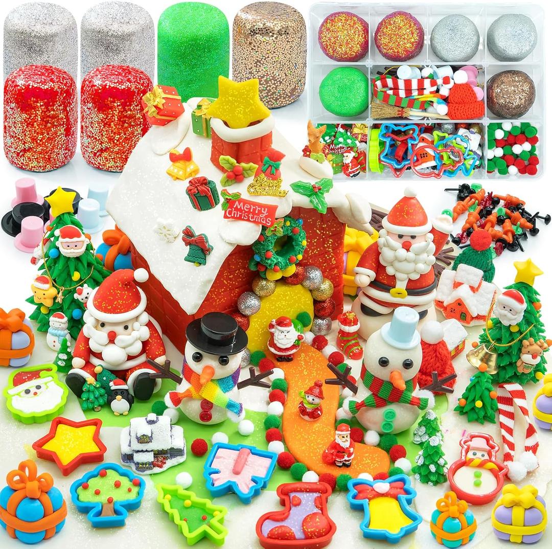 SIMPLIPLAY Christmas Sensory Dough Kit with 6 PCS 18oz Glitter Doughs & Accessories(280+pcs), DIY Christmas Crafts Kids, Stocking Stuffers for Kids, Build a Snowman Kit with Ornaments Creative Gift