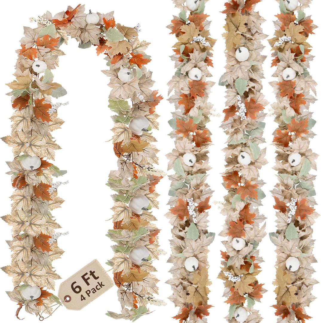 Neutral Fall Garland for Mantle Fireplace - 4 Pack Total 24 Ft Outdoor Autumn Leaves Decor for Home Front Door with Pumpkins Indoor Maple for Farmhouse Stairs Porch Halloween Thanksgiving Decorations
