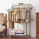 Clothes Rack, Rolling Clothing Rack with Double Rods for Hanging Clothes, Portable Garment Rack with Wheels, Metal Wardrobe Closet Organizer for Bedroom and Laundry Room