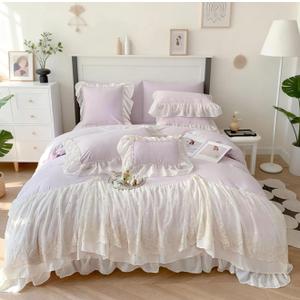 IHOUSTRIY Lace Duvet Cover Full Size, Chiffon Ruffled Beddding Set with Flower, 3 Pieces Comforter Cover Set with Zipper Closure, Girl Princess Bedding with Pillowcase - Purple, Full