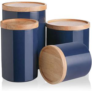 Sweejar Kitchen Canisters Ceramic Food Storage Jar Set, Stackable Containers with Airtight Seal Wooden Lid for Serving Ground Coffee, Tea, Herbs, Grains, Sugar, Salt - Set of 4 (Navy)