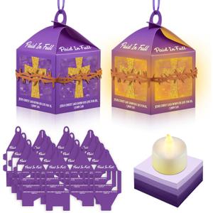 Simgoing 12 Sets Religious Easter Crafts Bulk Christian Cross Lanterns Crafts with LED Lights Glitter Cross Tissue Paper Lanterns for Easter Church VBS Sunday School Classroom Activities