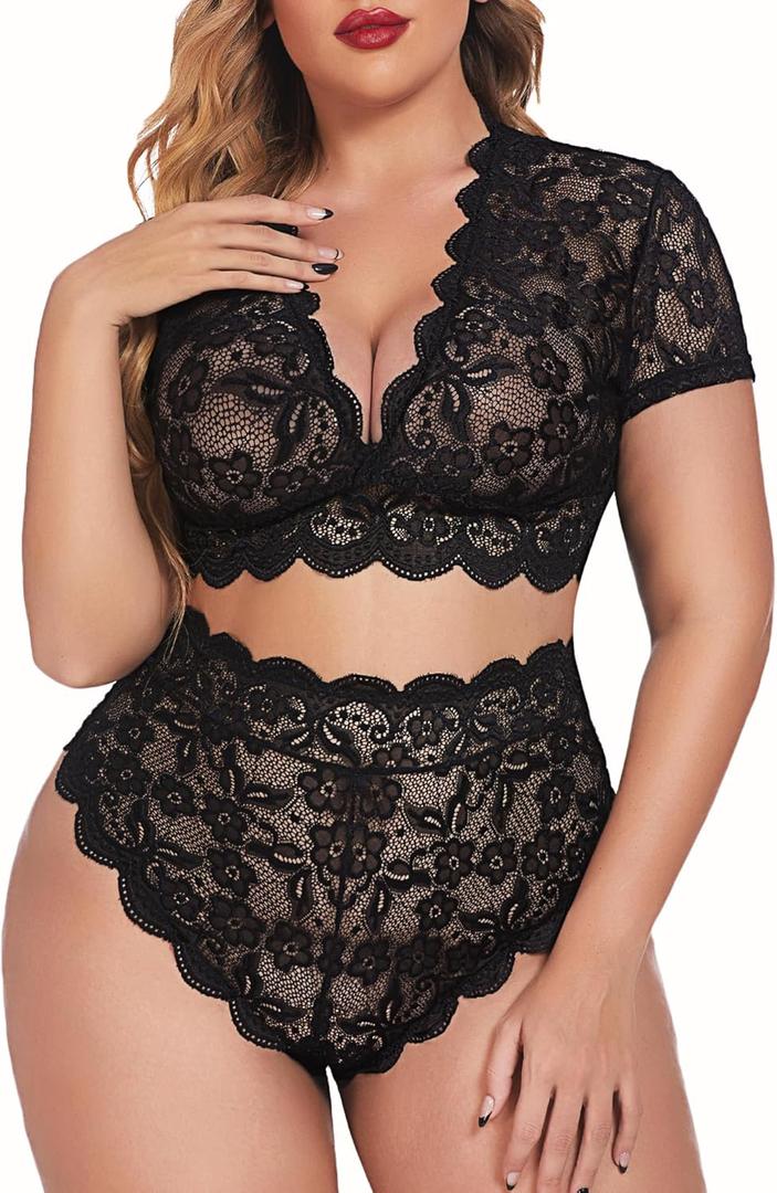 Avidlove Plus Size Lingerie Plus Floral Lace Scallop Trim Lingerie Set Deep V Allover Lace Bra Panties Set Sexy Clubwear (14W, 1 Black)
