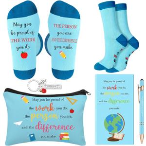 Tisancy Last Day of School Teacher Gifts Set Blue End of Year Thank You Gifts for Women Makeup Bag Socks Notebook Keychain Pen with Pencil Apple Globe for Teachers from Students Graduation School