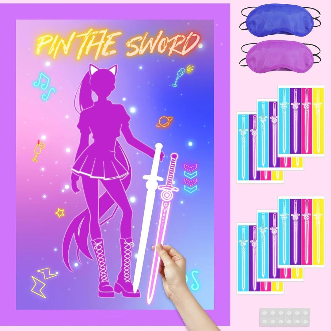 AFZMON Purple Birthday DecorationsPin The Sword Party Favors Games for Kids, Large Poster with 24 Stickers for Party Supplies