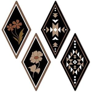 CHDITB Aztec Florals Wall Decor, Set Of 4 Flower Art Black Western Wooden Sign,Farmhousel Artwork Wooden Hanging Plaque, Natural Folwers Wall Art Sign For Living Room, Bedroom, Office Wall Hanging