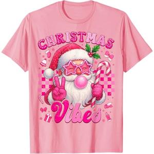 Christmas Vibes Retro Pink Santa Bubble Gum Xmas Women Girl T-Shirt M