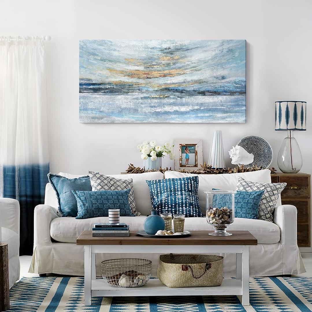 Extra Large Framed Wall Art for Living Room Light Blue Huge Canvas Print Modern Ocean Skyline and Sunset Wall Picture Coastal Themed Seaside Sea Artwork for Home Bedroom Dcor 58x29inch Dcor