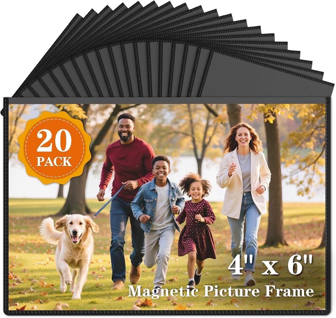 20 Pack Magnetic Picture Frames for Refrigerator 4x6 Inch, Magnetic Photo Frames Reusable, Magnetic Frame Refrigerator Magnets For Pictures Locker Wall Cabinet (Black)
