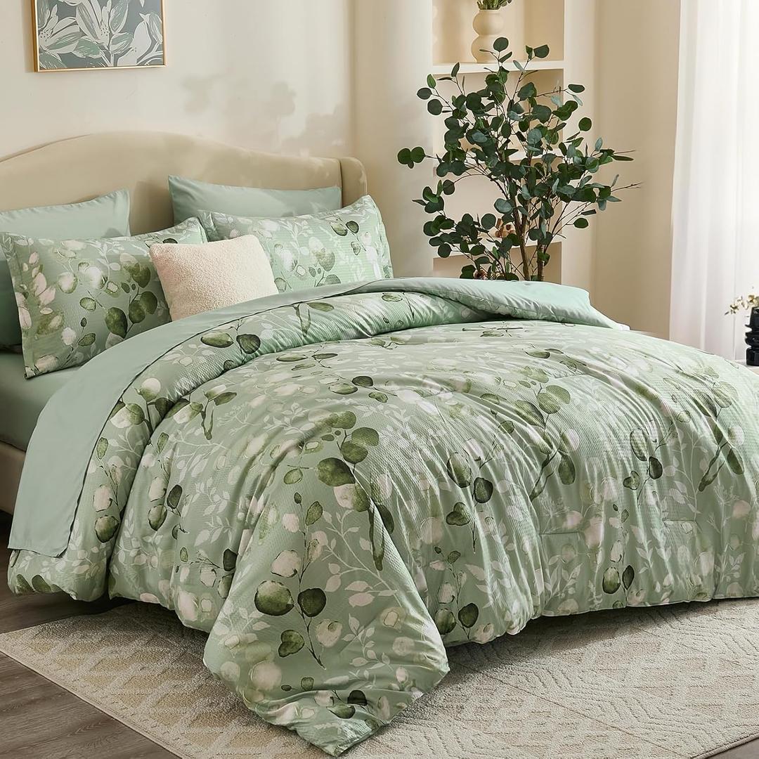 Xruibed Sage Green King Size Comforter Set Seersucker 7 Pieces, Floral Bed in a Bag for All Season, Botanical Bedding Set with 1 Comforter, 1 Flat Sheet, 1 Fitted Sheet, 2 Pillow Shams, 2 Pillowcases